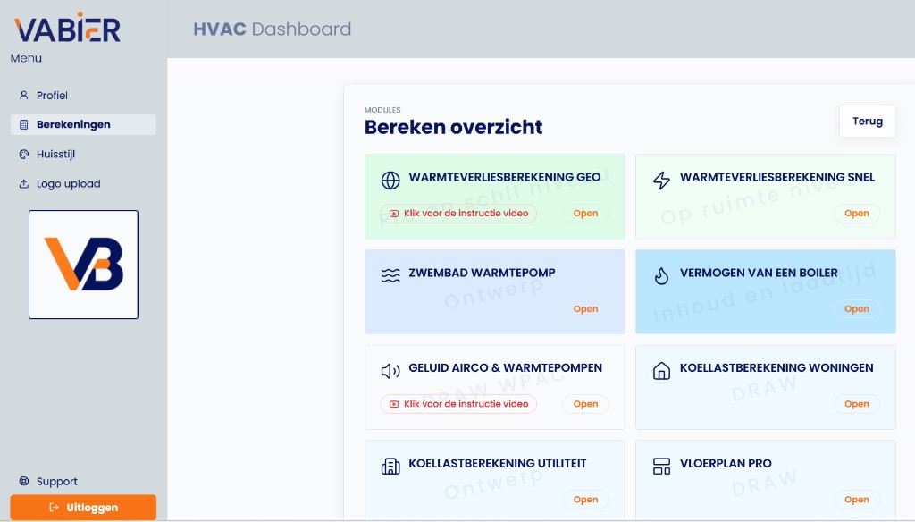 Vabier Software dashboard — bereken overzicht
